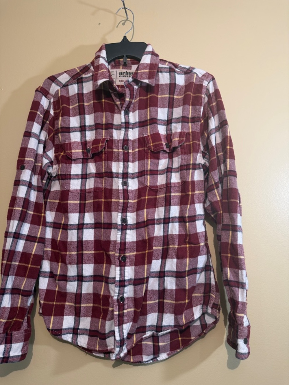 urban pipeline Burgundy, White & Yellow Plaid Flannel Shirt